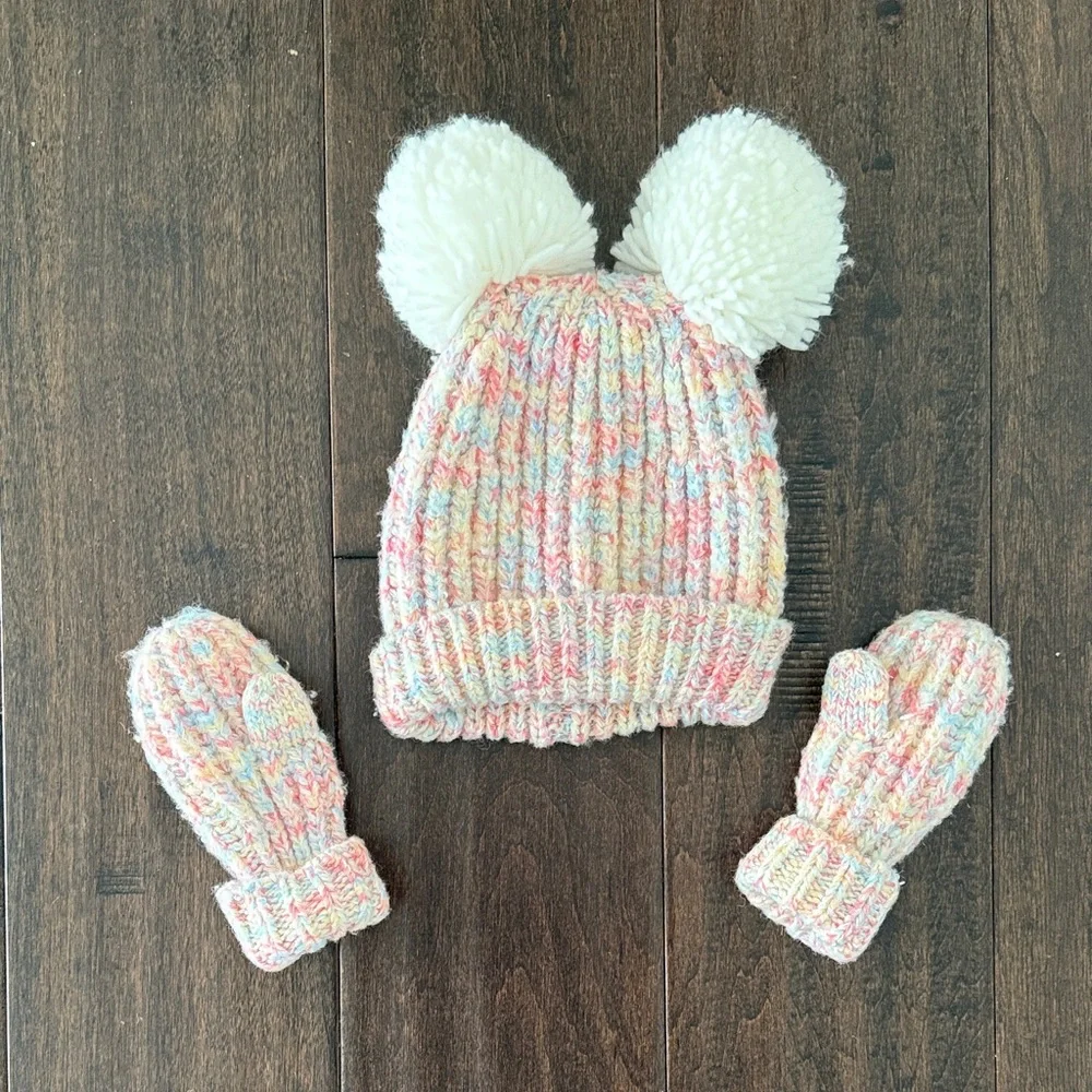 Adorable Baby Gap Colorful Knit Hat with Pom Poms and Mittens Set for Kids